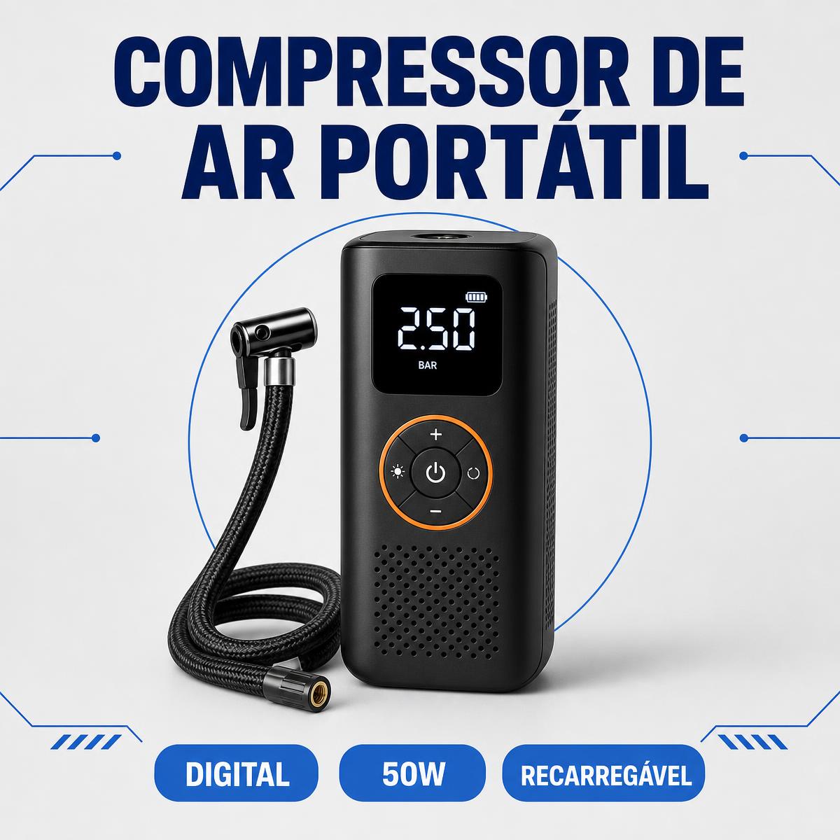 Mini Compressor de Ar Portátil Digital 50W Recarregável
