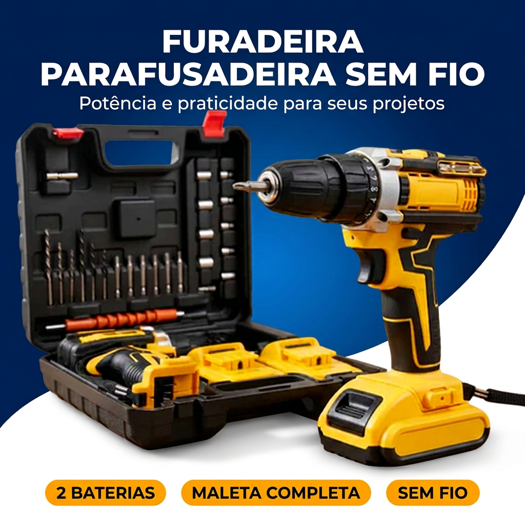 Furadeira Parafusadeira Sem Fio com 2 Baterias + Maleta Completa