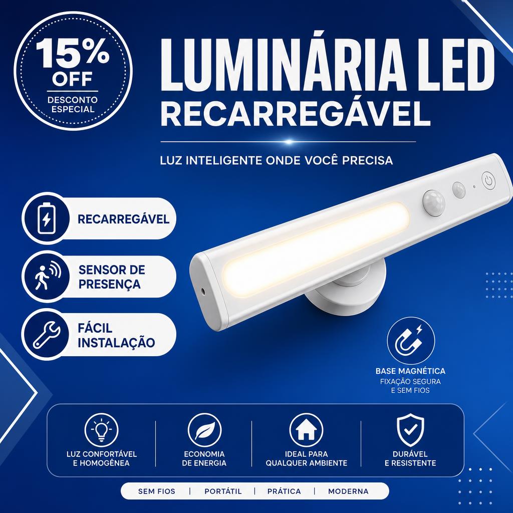 Luminária LED Recarregável com Sensor de Presença e Fixação Magnética