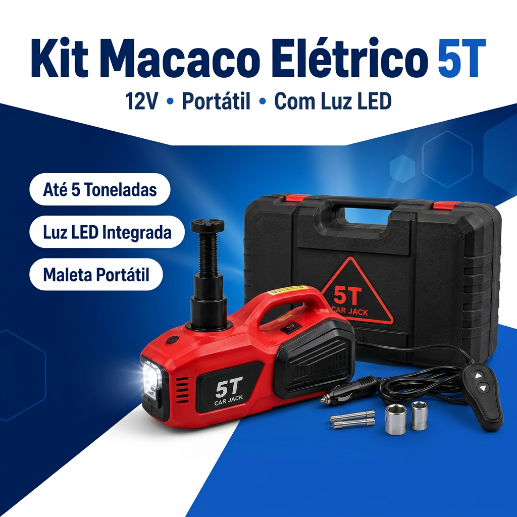 Kit Macaco Elétrico Carro 5T 12V — Caixa de Ferramentas Portátil com Luz LED