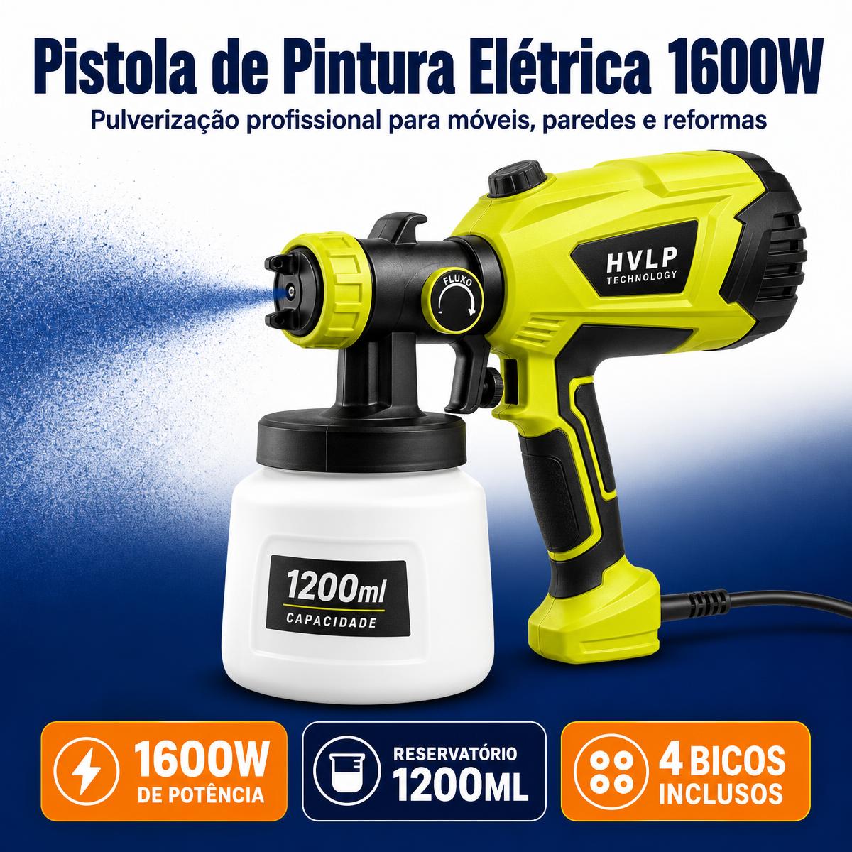 Pistola de Pintura Elétrica Profissional 1600W Pulverizadora 1200ML