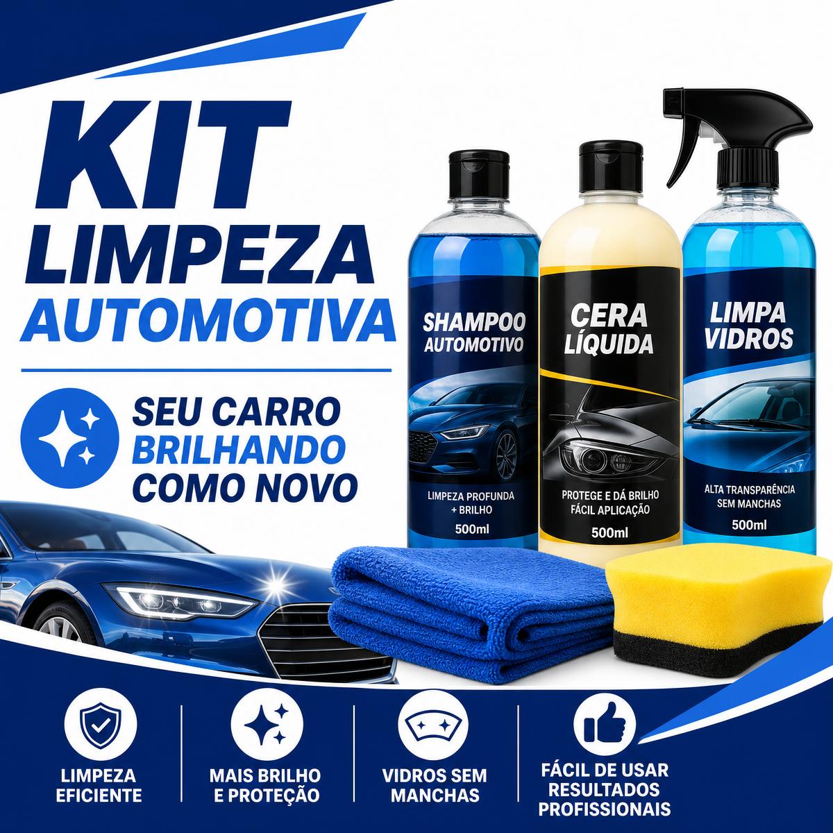 Kit de Limpeza Automotiva com Shampoo, Cera e Limpa-Vidros